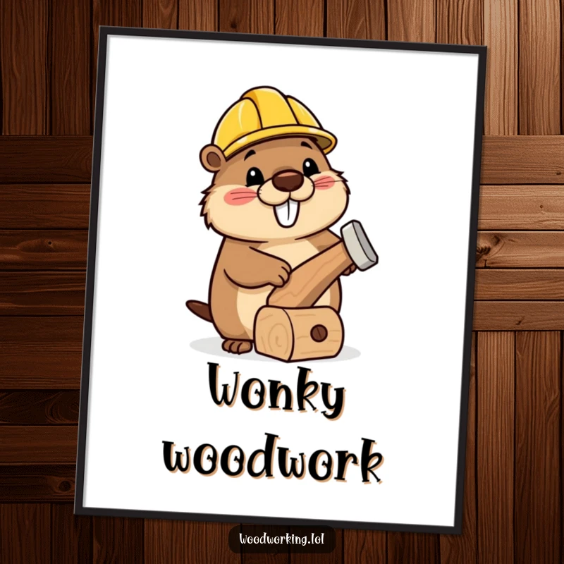 Funny digital art of a happy beaver wearing a tiny hard hat, hammering a wonderfully wonky wooden toy.
