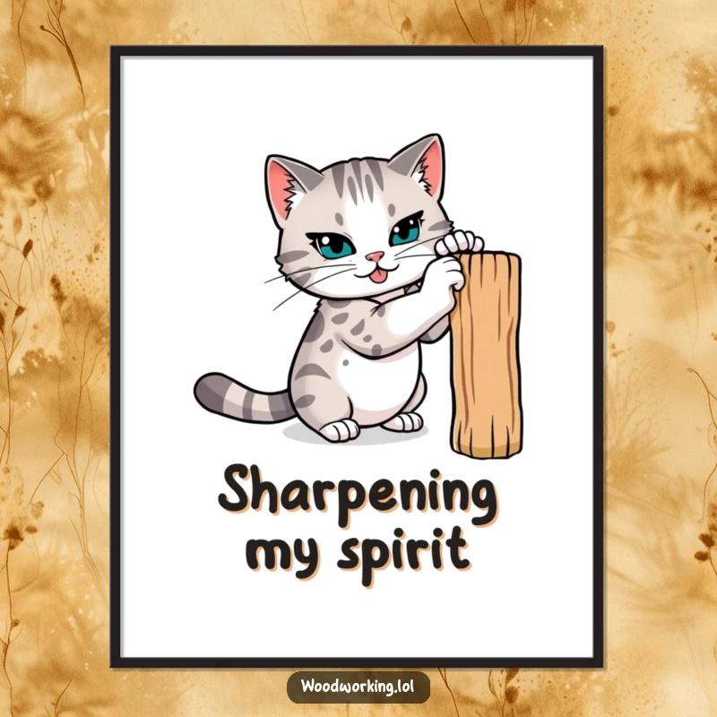 Funny cat digital art print, a determined cat sharpening its claws on a wooden post, capturing feline focus and powerful preparation.