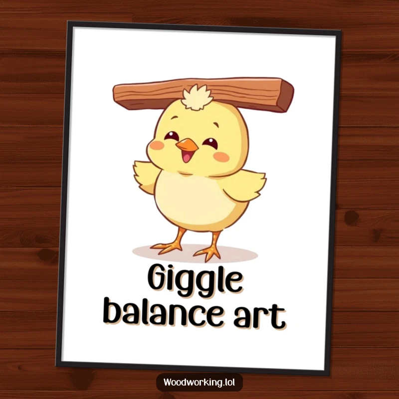 Funny digital art print of a giggling chick balancing a wood plank on its head, perfect for humorous wall decor.