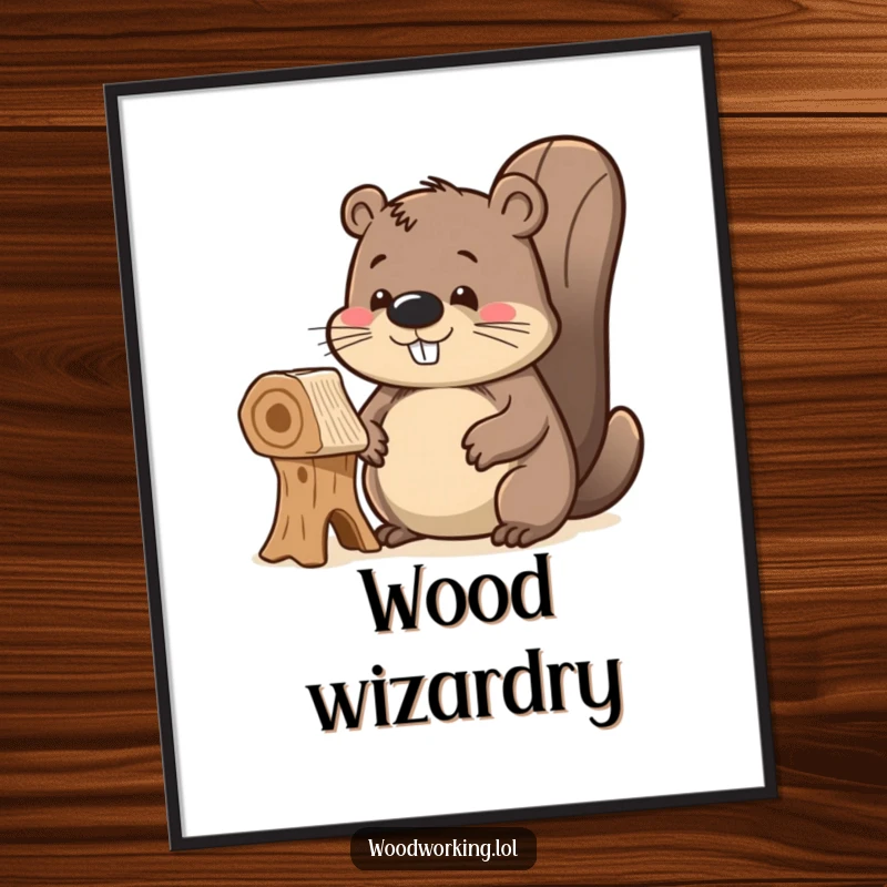 Funny delighted beaver digital art print, proudly admiring its unfinished wooden creation, capturing creative satisfaction and pride for digital display.