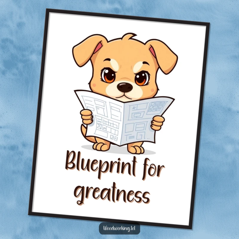Funny Dog Digital Art Print: A determined dog intensely studying a blueprint, ready for framing, a funny gift.