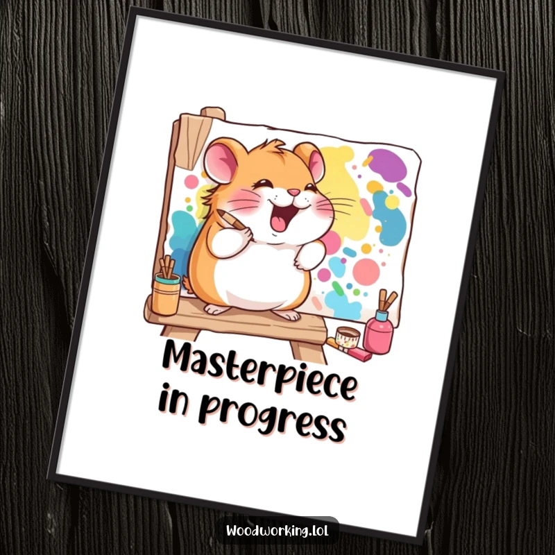Funny hamster digital art print of a giggling hamster painting a vibrant mural on a wooden board, radiating artistic delight.