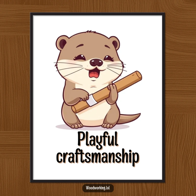Funny otter digital art print, giggling expression, using a chisel with dexterity, humorous and inspiring wall decor.