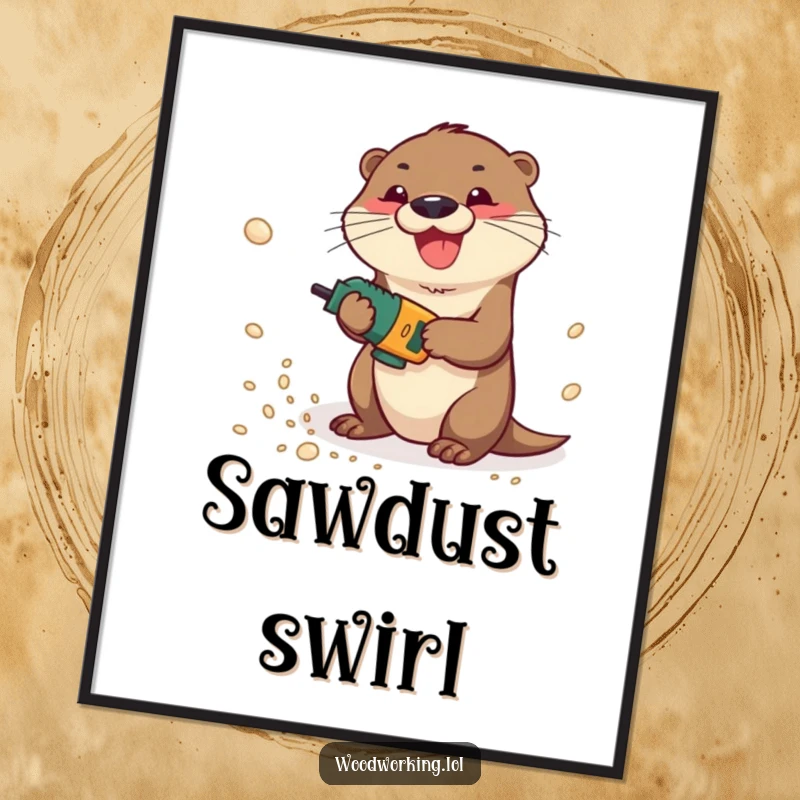 Funny otter gleefully operating a power drill, creating clouds of sawdust, available as a digital art print.