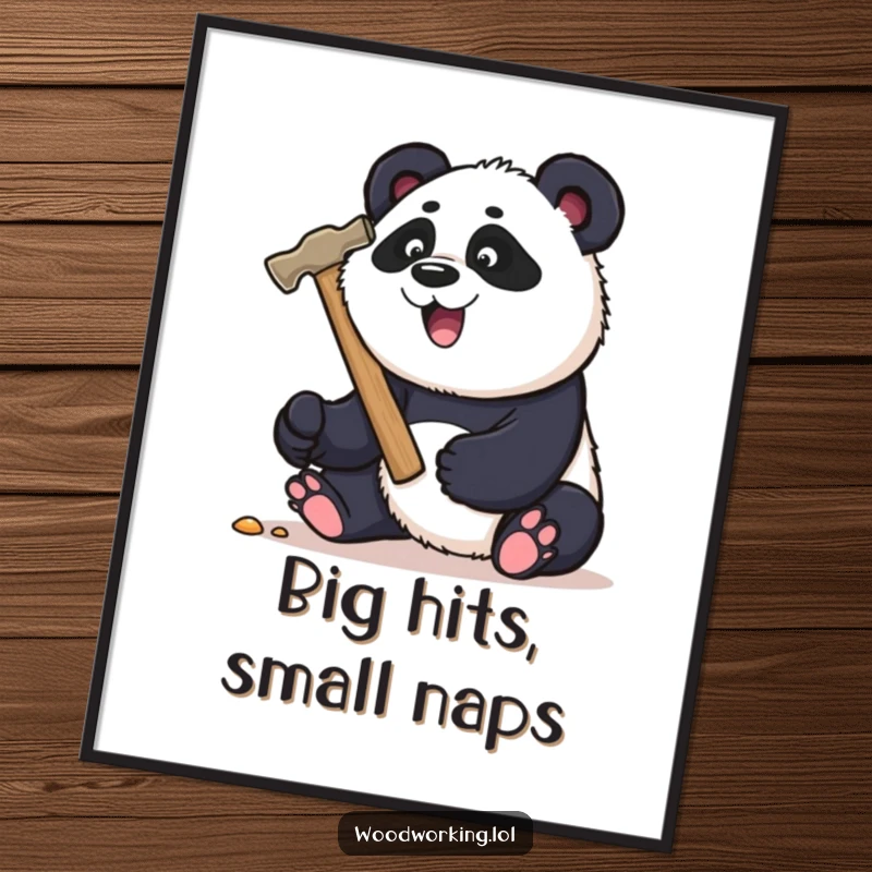Funny panda carpenter digital art print, playfully hammering a nail with a large hammer, perfect printable decor.