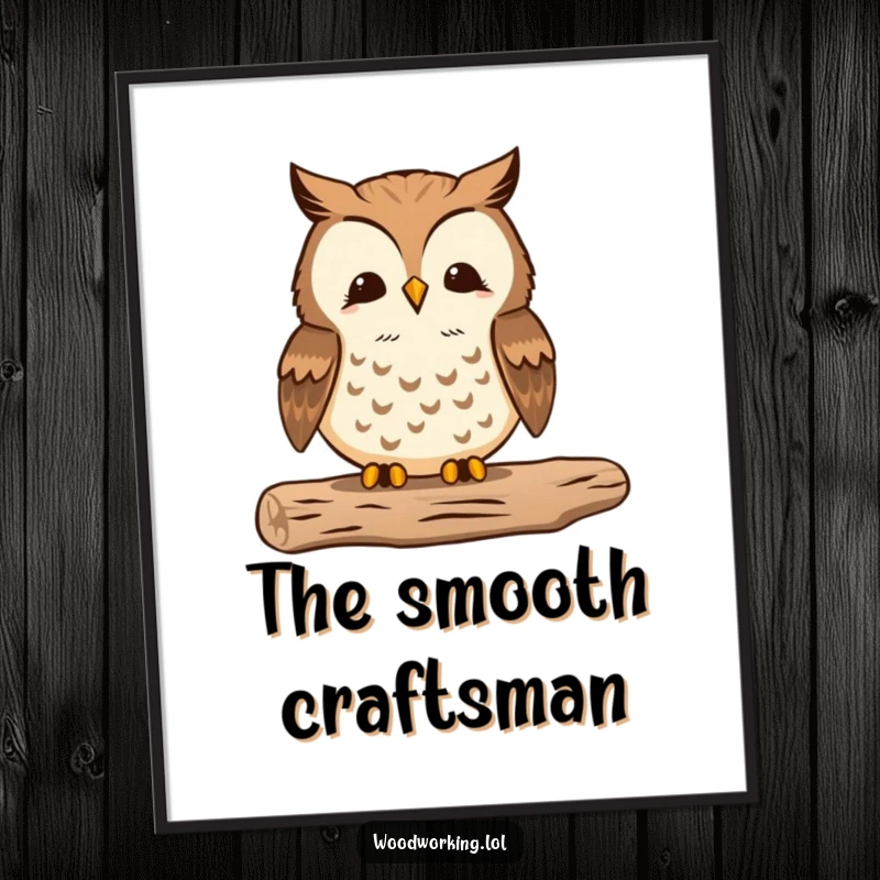 Funny digital art print of a proud owl meticulously sanding wood, a symbol of dedication and fine craftsmanship.
