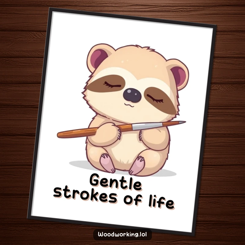 Funny sloth digital art print, a sleepy sloth gently holding a paintbrush, radiating calm artistic energy and thoughtful creation.