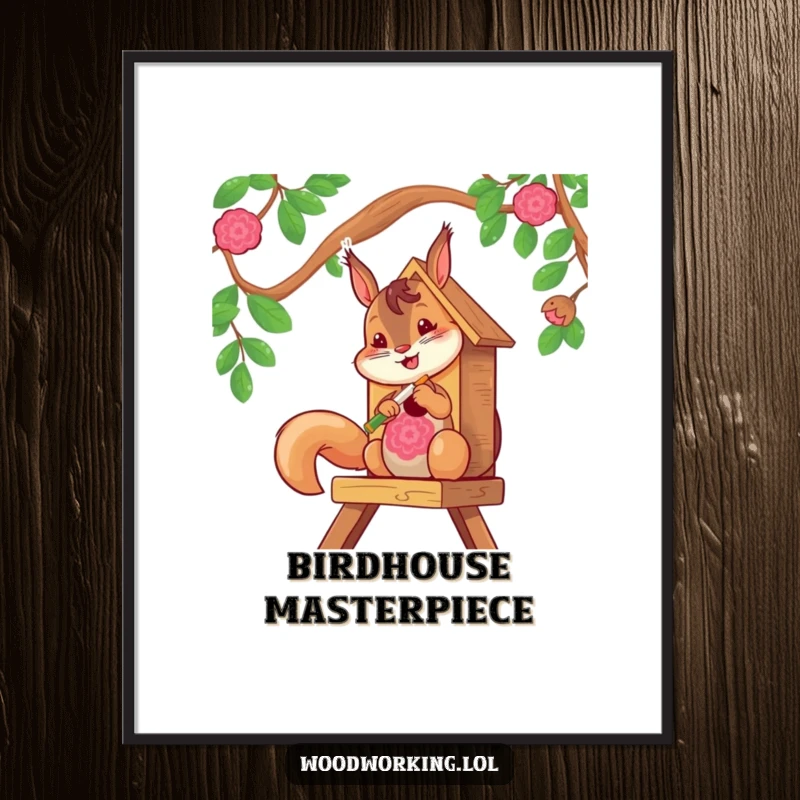 Funny squirrel art print, cheerful artist painting a birdhouse with vibrant colors, downloadable decor.