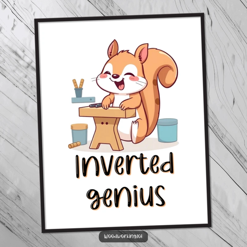 Funny giggling squirrel digital art print, humorously using a workbench upside down, capturing playful mischief and DIY spirit for digital display.