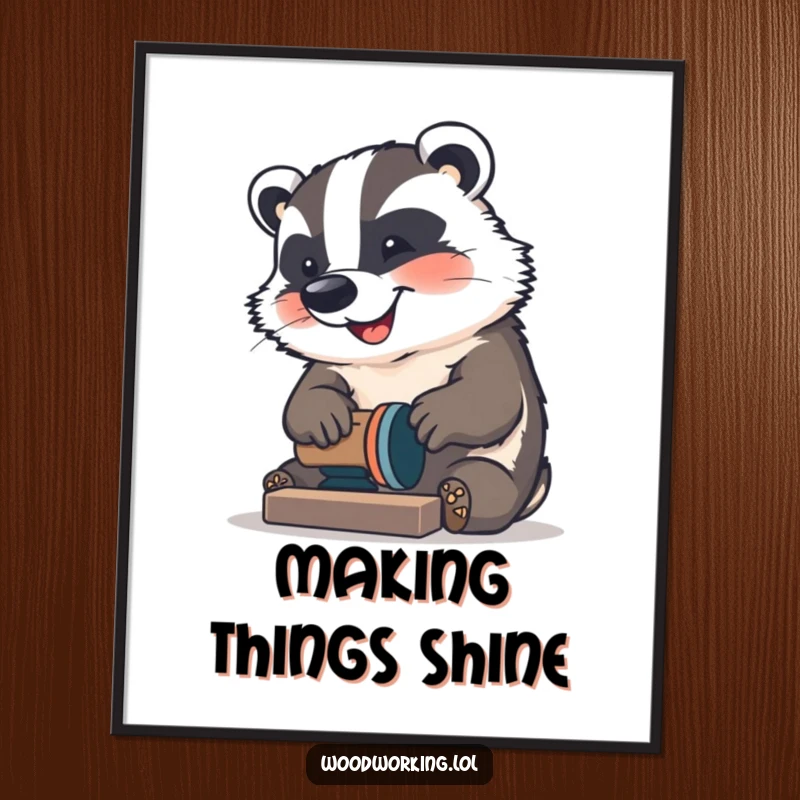 Funny Badger Digital Art Print: A happy badger sanding wood with concentration, ready for framing, a funny gift.