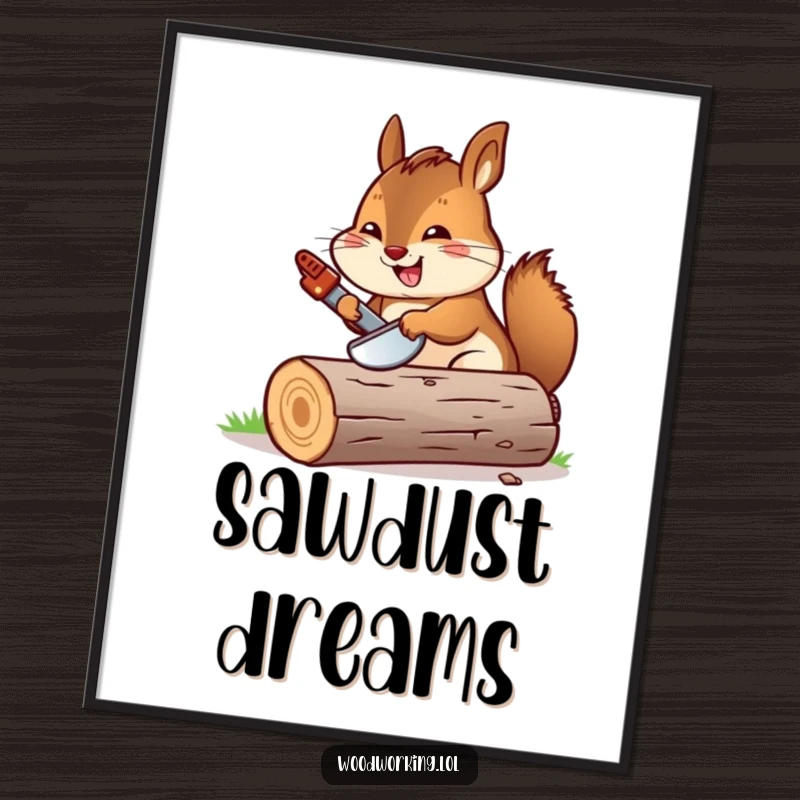 Funny chipmunk enthusiastically sawing a log with a miniature saw, available as a digital art print.