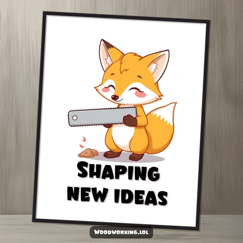 Funny fox saw digital art print, a curious fox holding a saw, planning its next cut with mischievous wit.