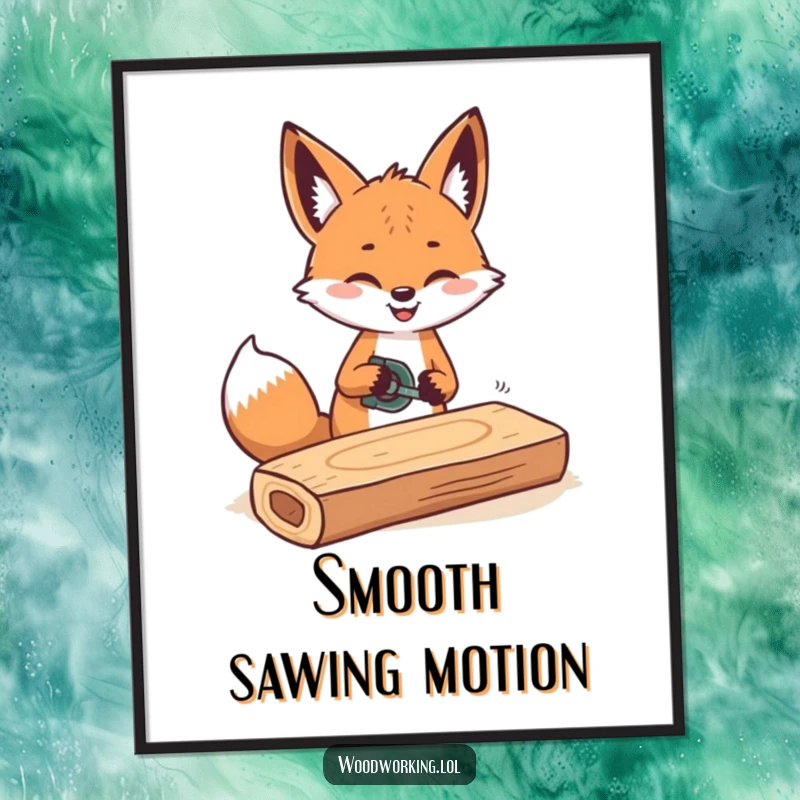 Funny digital art print showing a cheerful fox sawing wood with rhythmic movements, perfect for crafters.