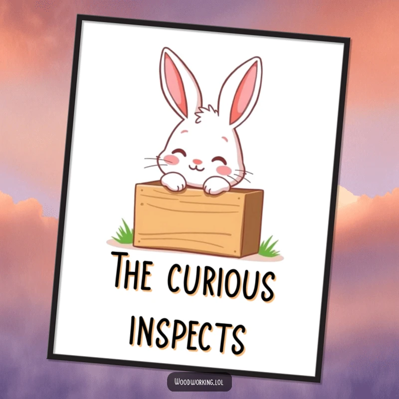 Funny digital art print of a curious bunny peering into a wooden toolbox with excitement, capturing a moment of wonder.