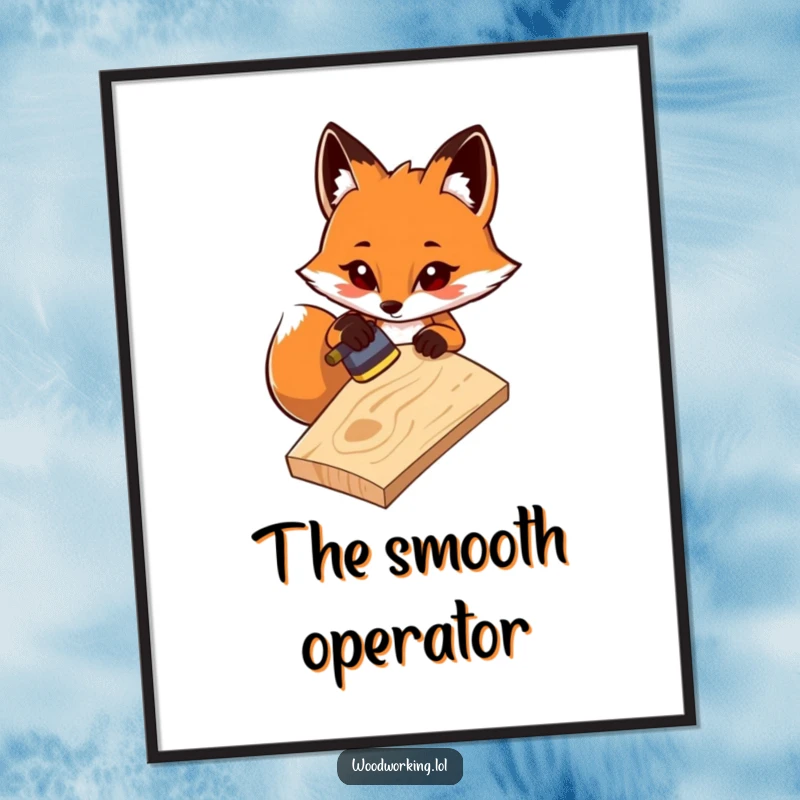 Funny digital art print: A determined fox sands wood with intense focus, capturing precise woodworking humor for printable wall decor.
