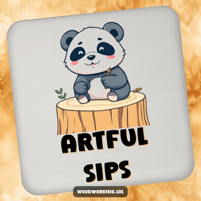 Funny drink coaster featuring a silly panda carving a delicate design into wood, protecting surfaces with artistic humor.