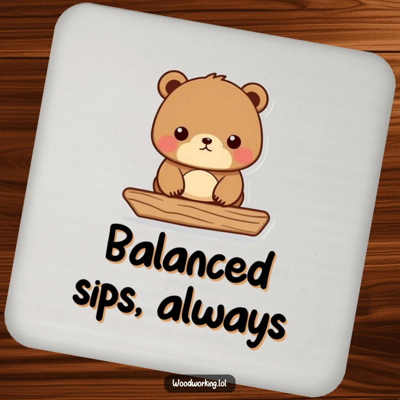 Funny Bear Carpenter Coaster showing a diligent bear leveling wood, a humorous and protective drink accessory.