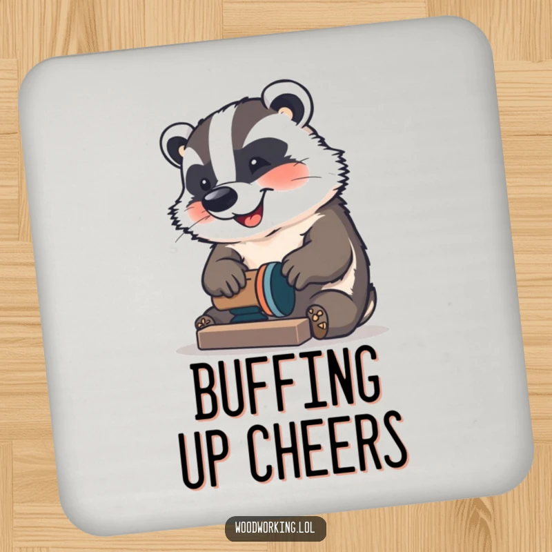 Funny Badger Coaster: A happy badger sanding wood to protect your table, a funny gift.