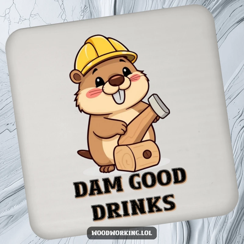 Funny coasters featuring a happy beaver wearing a tiny hard hat, hammering a delightfully wonky wooden toy.