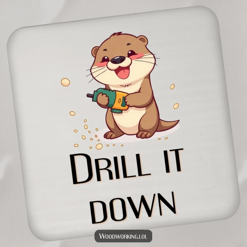 Funny otter gleefully operating a power drill, creating clouds of sawdust, depicted on a drink coaster.