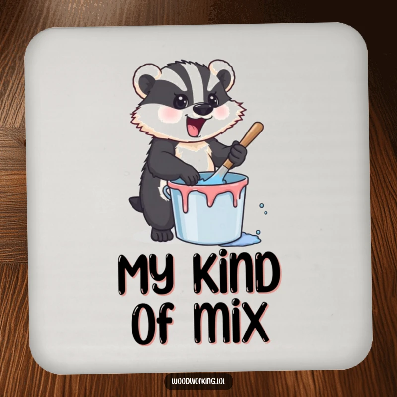 Funny badger stirring paint depicted on a drink coaster, adding artistic charm and humorous protection to any surface.