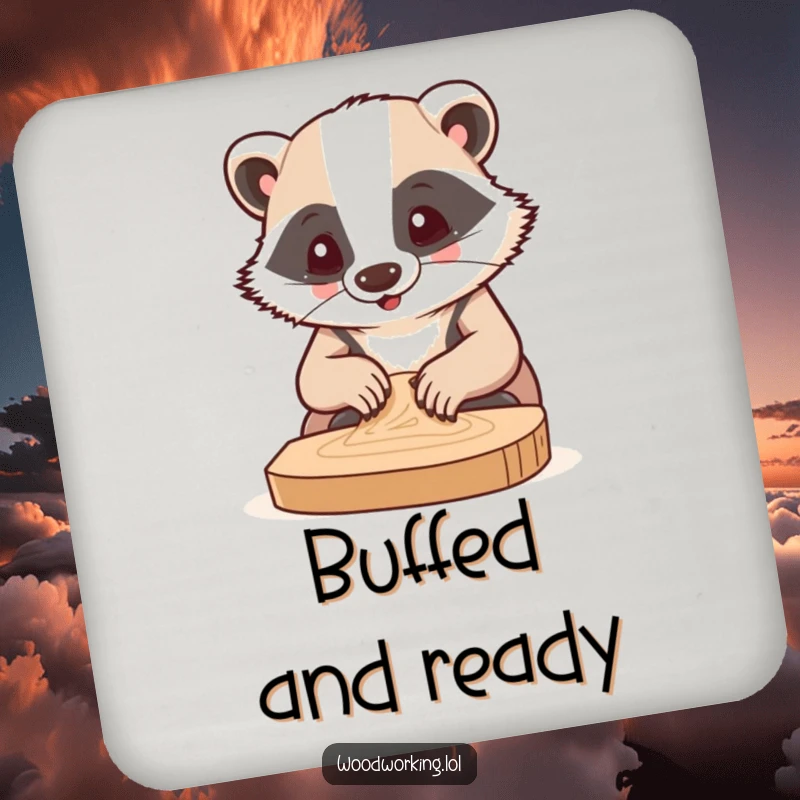 Funny drink coaster featuring a badger intently sanding wood, designed to add humor to any table setting.