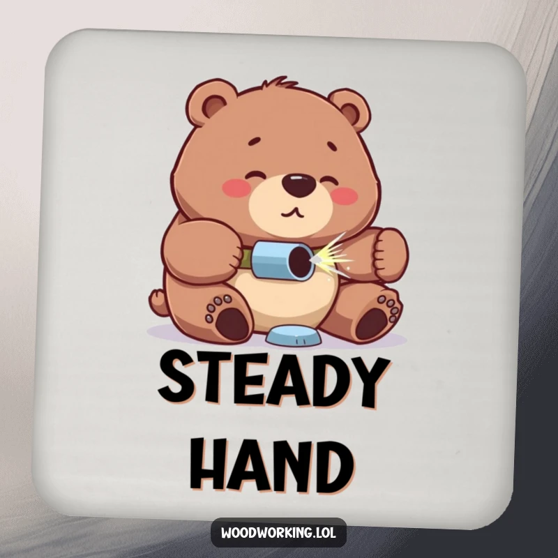 Funny bear drink coaster, proud expression, concentrated look drilling, a humorous and protective addition for DIY enthusiasts.