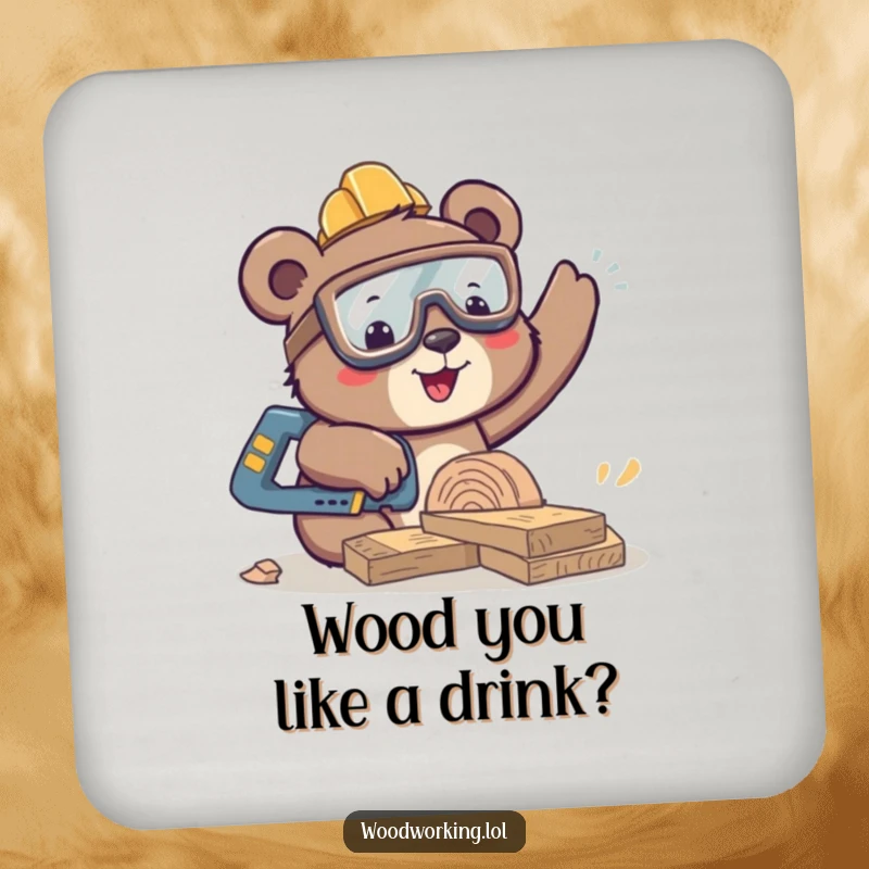 Funny happy bear sawing wood on a drink coaster, protecting surfaces with happy woodworking humor, a cute funny gift.