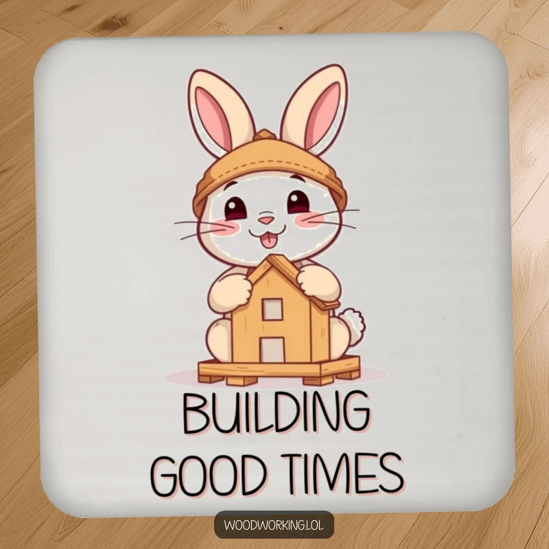 Funny drink coaster featuring a brave rabbit smiling while assembling a small wooden structure, protecting surfaces with humor.