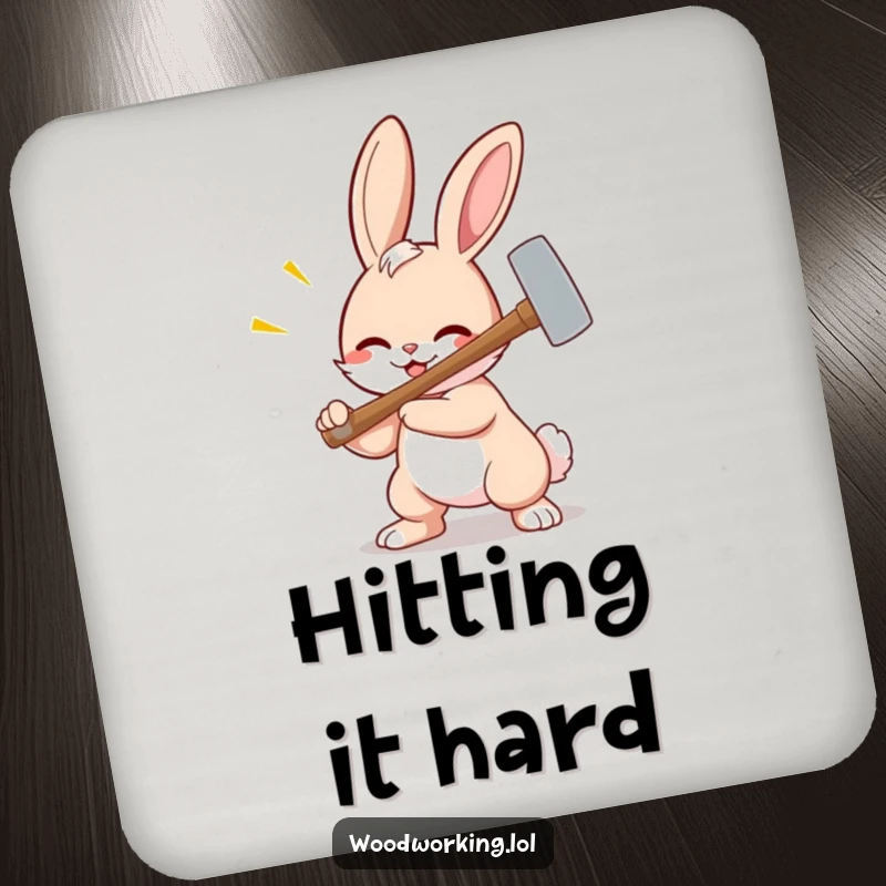 Funny bunny drink coaster, a cartoon bunny using a hammer with great force, protecting surfaces with humor.