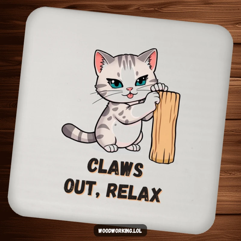 Funny cat coaster, a determined cat sharpening its claws on a wooden post, protecting surfaces with fierce feline readiness.