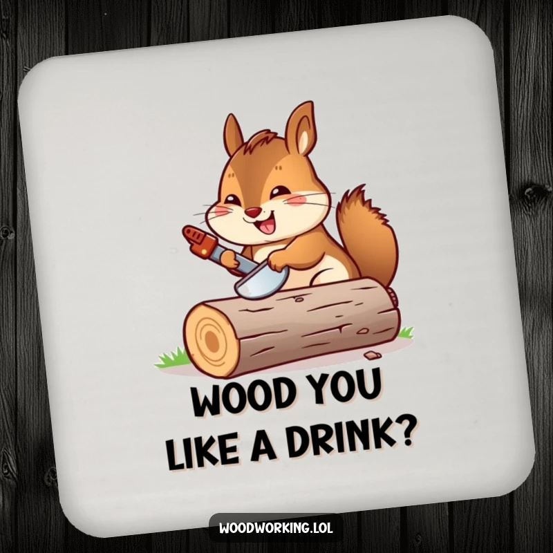 Funny chipmunk sawing a log with a tiny saw, depicted on a drink coaster for surface protection.