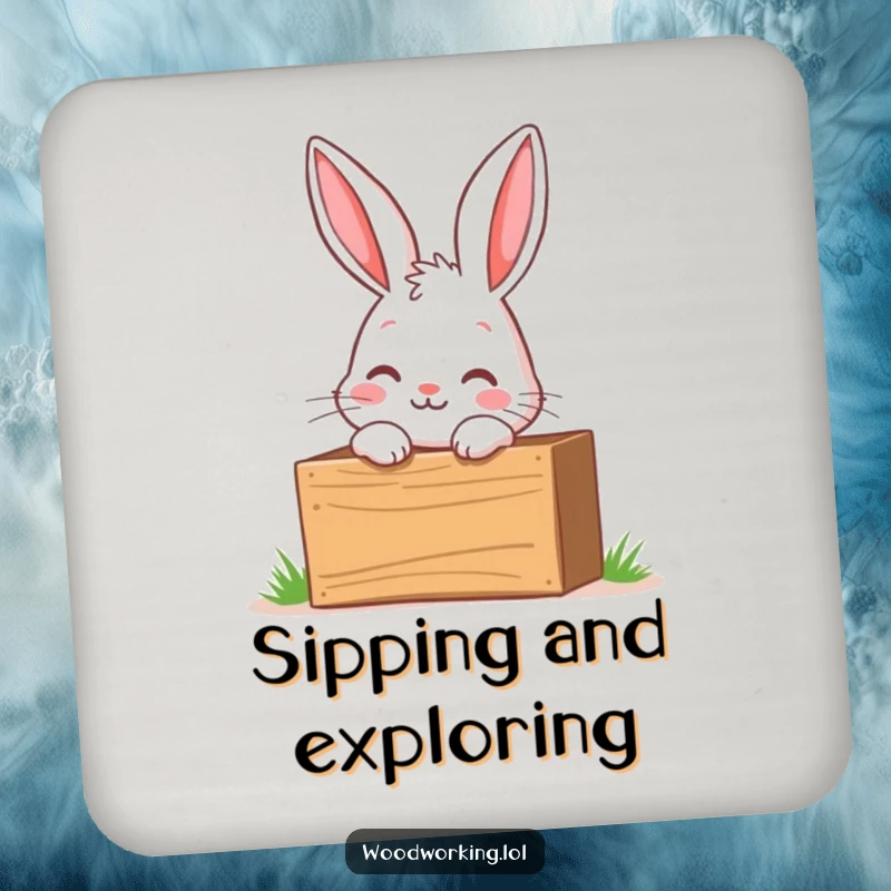 Funny coaster set depicting a curious bunny peering into a wooden toolbox with excitement, a charming accessory for explorers.