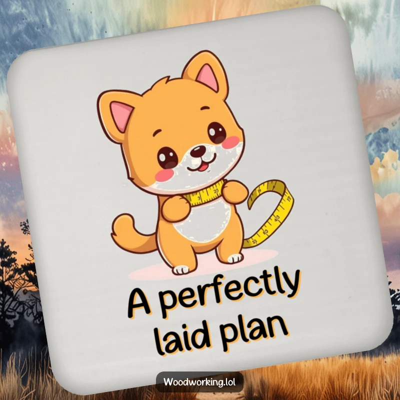 Funny dog focused on DIY, using a giant tape measure on a drink coaster, prevents spills.