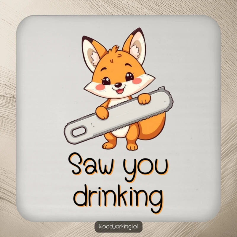 Funny drink coaster with a cheerful cartoon fox smiling and holding a comically large saw, durable and amusing.