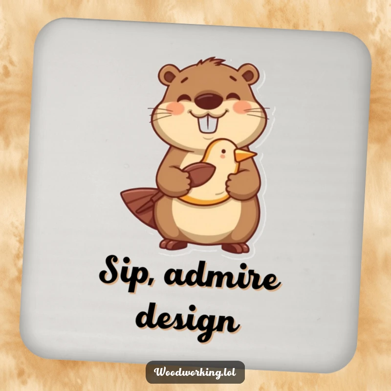 Funny drink coaster with a happy beaver proudly holding a carved wooden bird, protecting surfaces humorously.