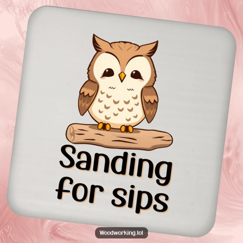 Funny coaster set depicting a proud owl meticulously sanding wood, a stylish accessory for any workshop.