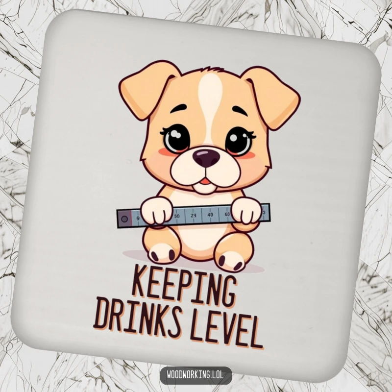 Funny puppy drink coaster, a cartoon puppy holding a spirit level with a serious demeanor, protecting tabletops humorously.