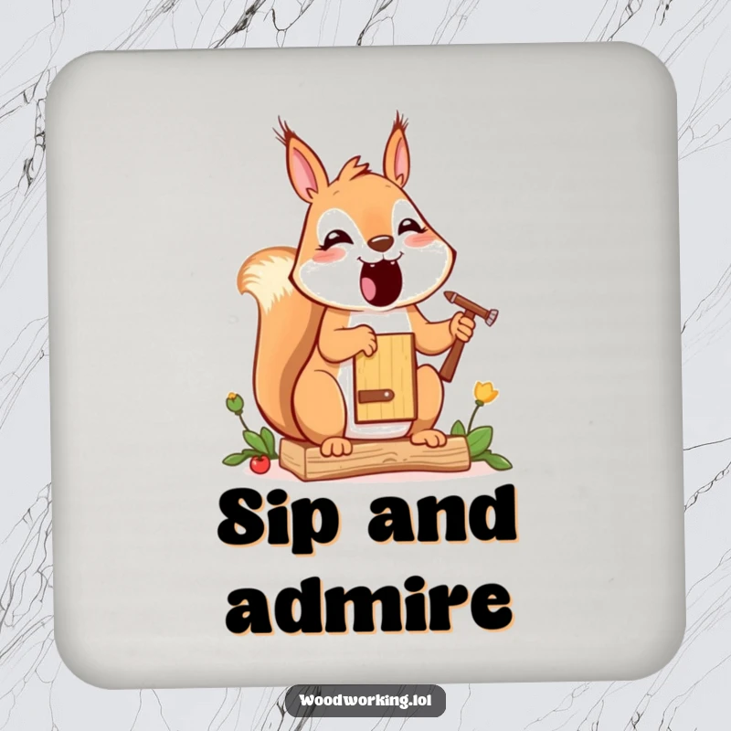 Funny squirrel drink coaster, a cartoon squirrel painting a small birdhouse, adding artistic humor to tabletops.