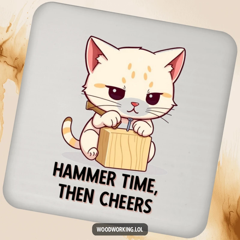 Funny cat coaster showing a determined cat hammering a nail, protecting surfaces with a touch of DIY humor.
