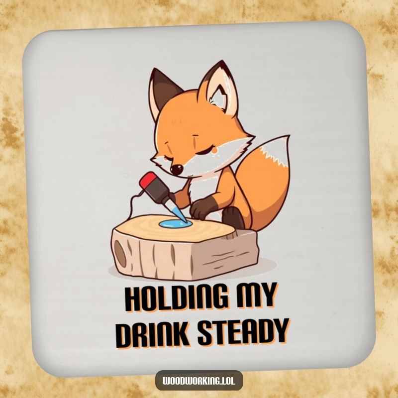Funny coaster set featuring a determined fox gluing wood, offering humorous protection for surfaces from drink rings.