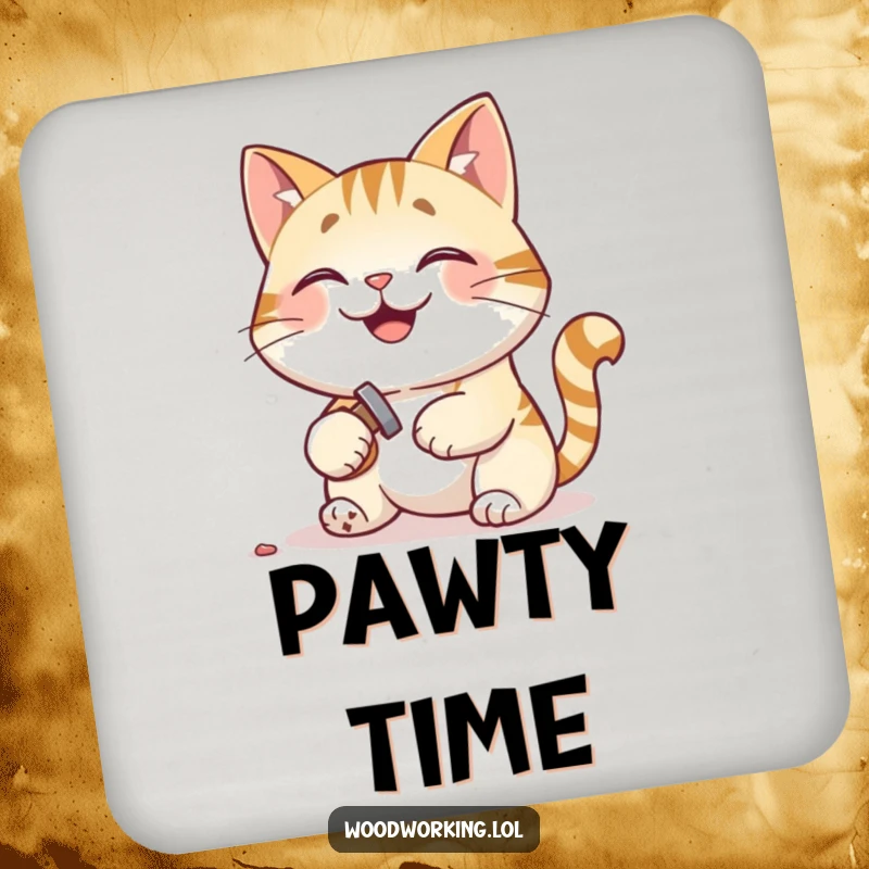 Funny coasters showcasing a pleased cat hammering a tiny nail, offering humorous protection for tables.
