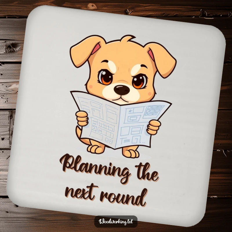 Funny Dog Coaster: A determined dog holding a blueprint to protect your table, a funny gift.