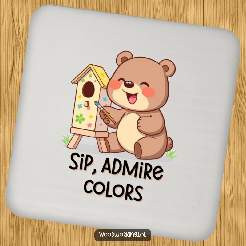 Funny drink coaster with a giggling bear excitedly painting a colorful birdhouse, a humorous surface protector.