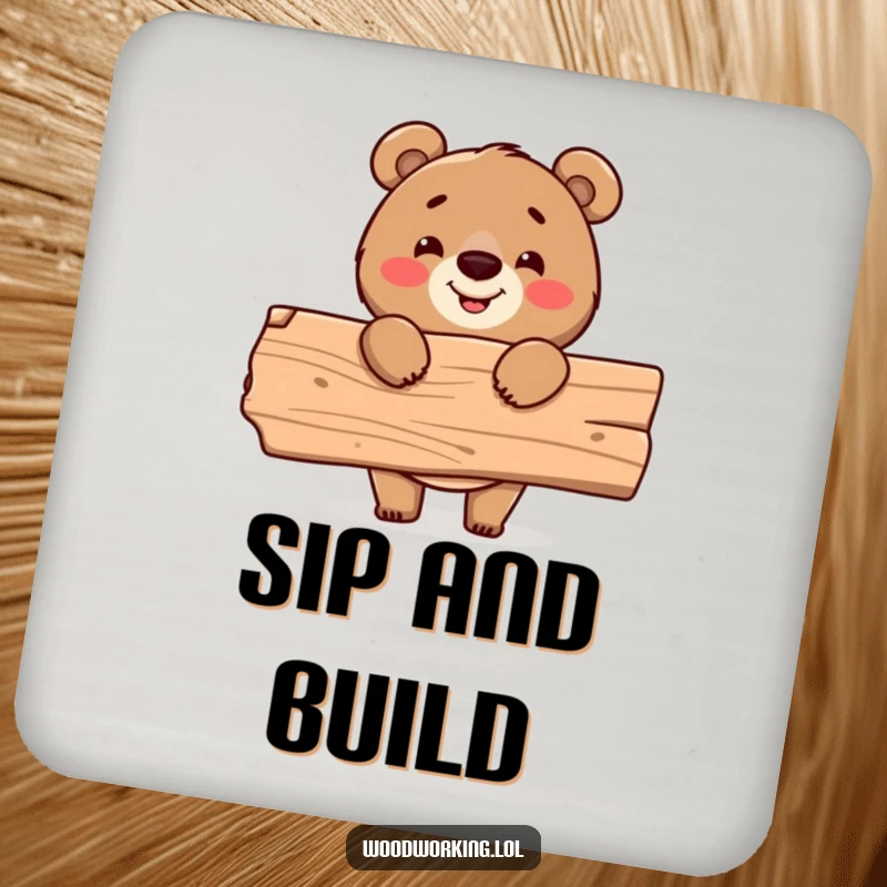 Funny coaster, cheerful bear holding wood plank, DIY accessory, workshop decor, humorous item.