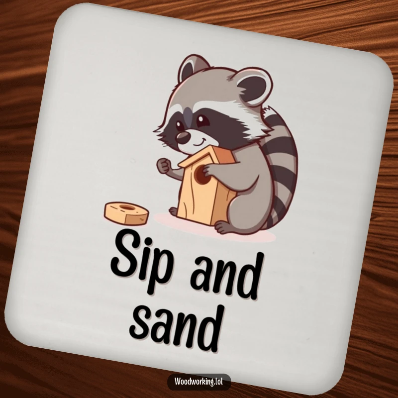 Funny raccoon meticulously sanding a small wooden birdhouse with a smile, depicted on a drink coaster.