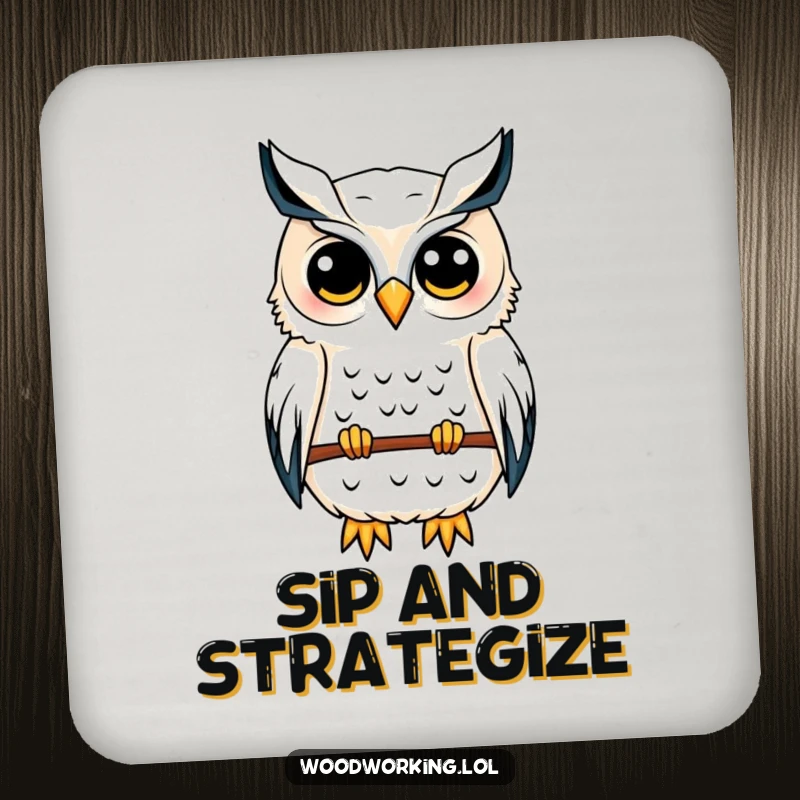 Funny owl drink coaster showing a content owl sketching a birdhouse blueprint, adding architectural flair.