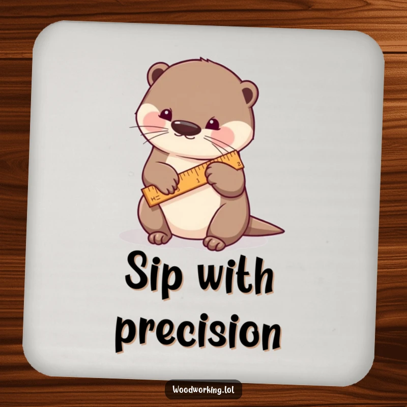 Funny otter coaster, a playful otter carefully measuring a piece of wood with a tiny ruler, protecting surfaces with crafty dedication.