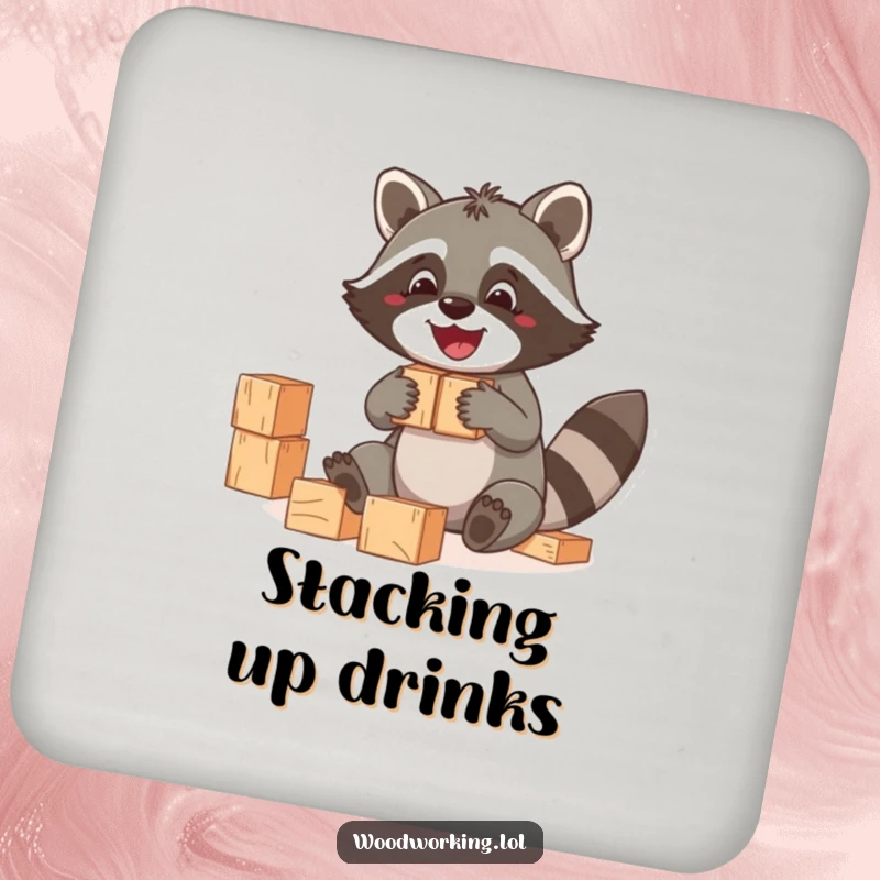 Funny Raccoon Coaster: A jolly raccoon stacking blocks to protect your table, a funny gift.