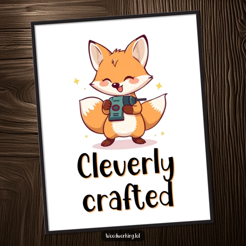 Funny poster print of a happy, bouncing fox energetically using a small drill, symbolizing DIY fun.